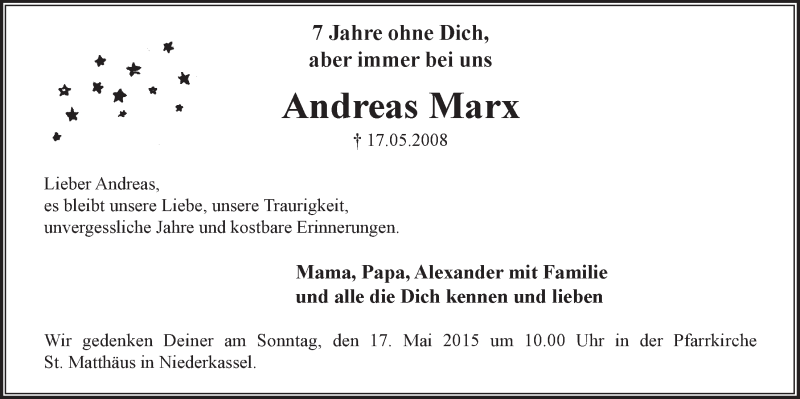  Traueranzeige für Andreas Marx vom 13.05.2015 aus  Extra Blatt 