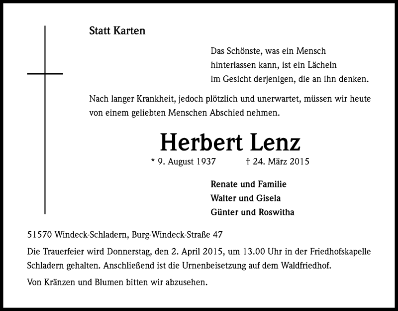  Traueranzeige für Herbert Lenz vom 30.03.2015 aus Kölner Stadt-Anzeiger / Kölnische Rundschau / Express