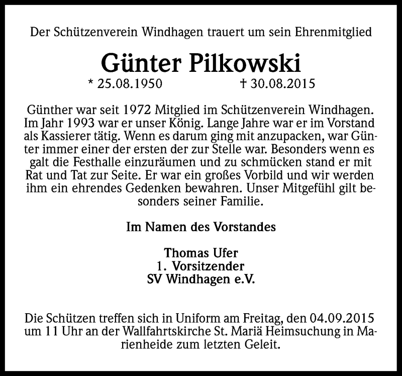  Traueranzeige für Günter Pilkowski vom 04.09.2015 aus Kölner Stadt-Anzeiger / Kölnische Rundschau / Express