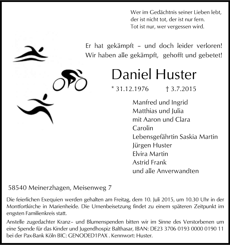  Traueranzeige für Daniel Huster vom 07.07.2015 aus Kölner Stadt-Anzeiger / Kölnische Rundschau / Express