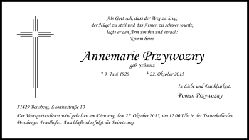 Anzeige von Annemarie Przywozny von Kölner Stadt-Anzeiger / Kölnische Rundschau / Express