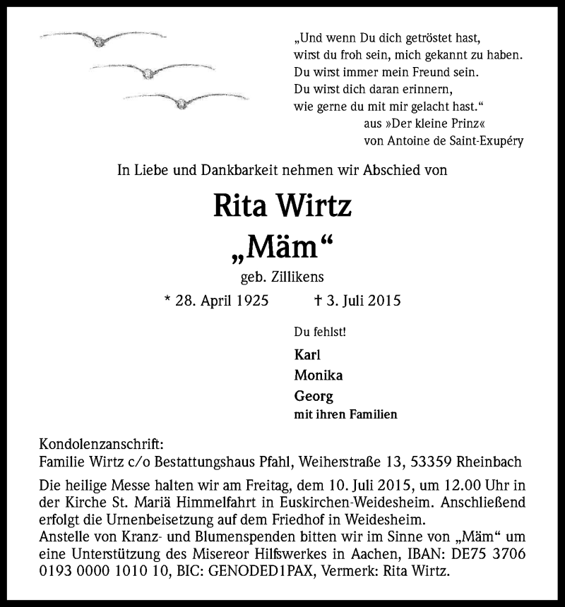  Traueranzeige für Rita Wirtz vom 06.07.2015 aus Kölner Stadt-Anzeiger / Kölnische Rundschau / Express