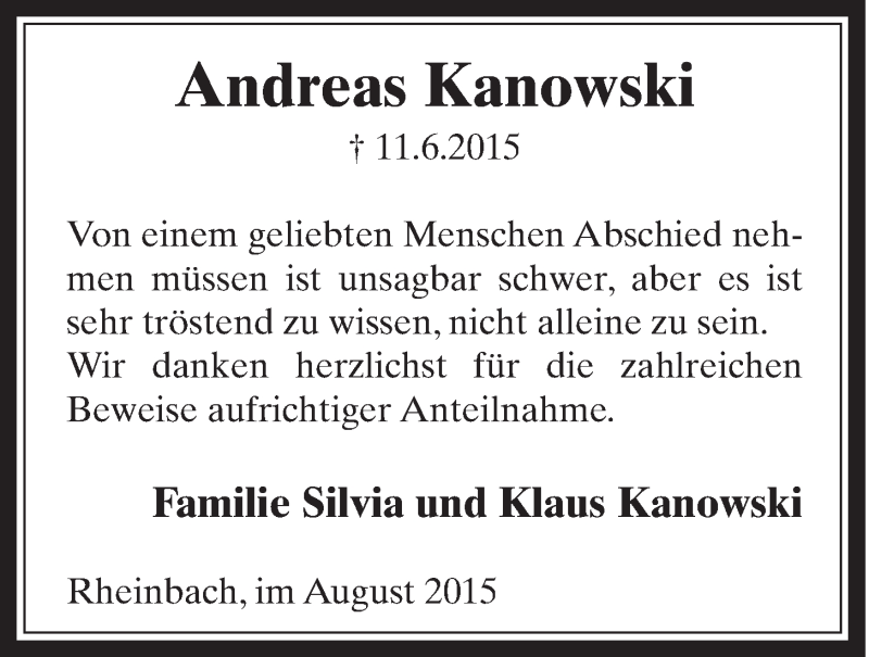  Traueranzeige für Andreas Kanowski vom 19.08.2015 aus  Schaufenster/Blickpunkt 