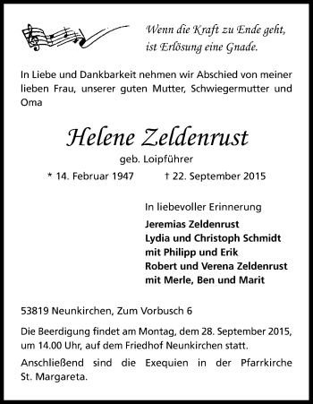 Anzeige von Helene Zeldenrust von Kölner Stadt-Anzeiger / Kölnische Rundschau / Express
