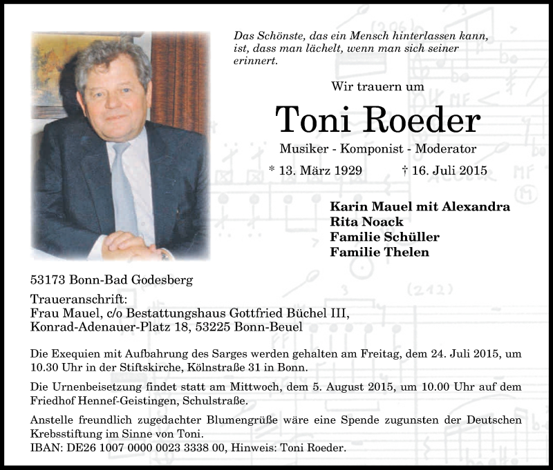  Traueranzeige für Toni Roeder vom 18.07.2015 aus Kölner Stadt-Anzeiger / Kölnische Rundschau / Express