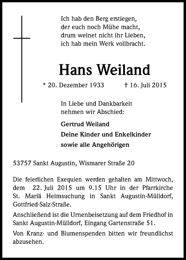  Traueranzeige für Hans Weiland vom 18.07.2015 aus Kölner Stadt-Anzeiger / Kölnische Rundschau / Express