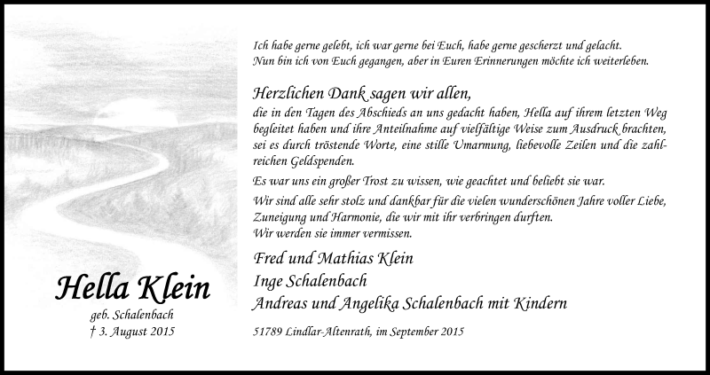  Traueranzeige für Hella Klein vom 26.09.2015 aus Kölner Stadt-Anzeiger / Kölnische Rundschau / Express
