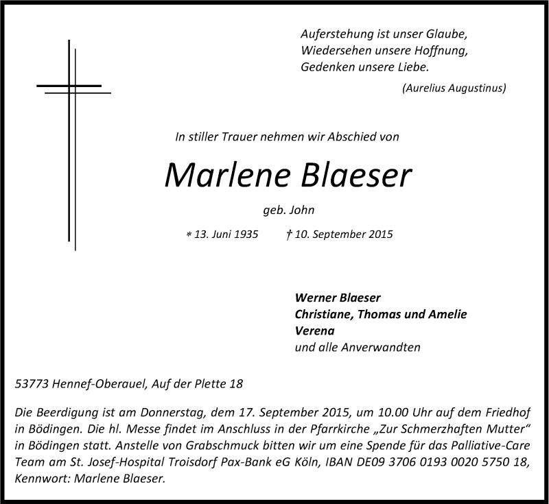  Traueranzeige für Marlene Blaeser vom 12.09.2015 aus Kölner Stadt-Anzeiger / Kölnische Rundschau / Express