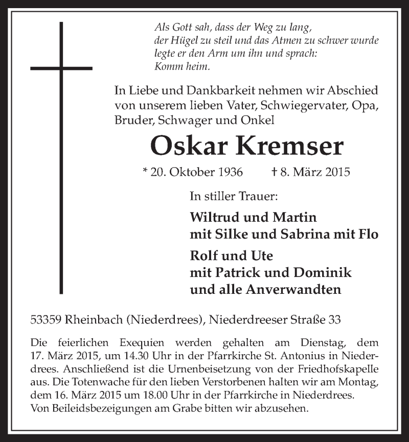  Traueranzeige für Oskar Kremser vom 11.03.2015 aus  Schaufenster/Blickpunkt 