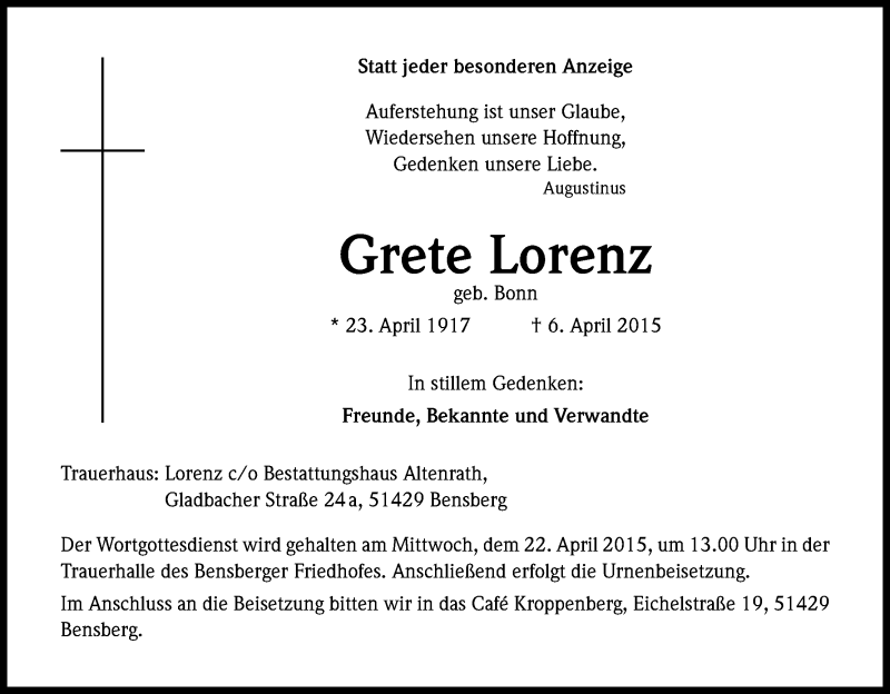  Traueranzeige für Grete Lorenz vom 17.04.2015 aus Kölner Stadt-Anzeiger / Kölnische Rundschau / Express