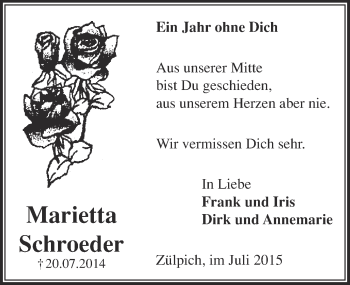 Anzeige von Marietta Schroeder von  Blickpunkt Euskirchen 