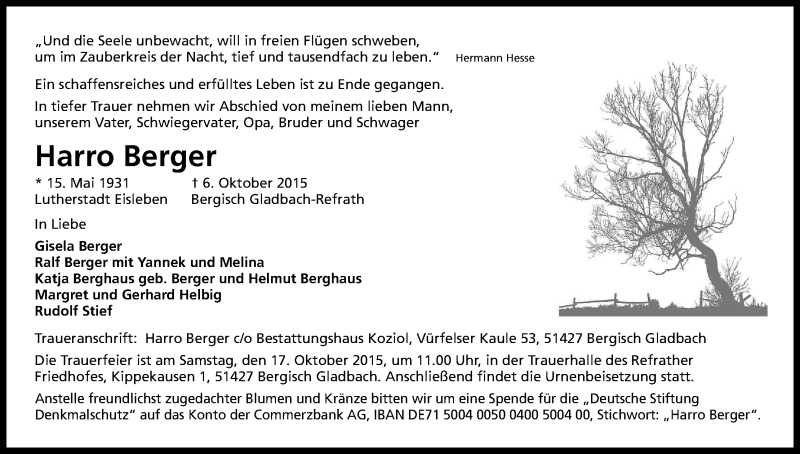  Traueranzeige für Harro Berger vom 10.10.2015 aus Kölner Stadt-Anzeiger / Kölnische Rundschau / Express