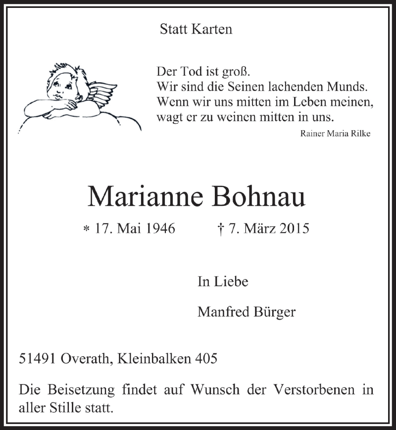  Traueranzeige für Marianne Bohnau vom 11.03.2015 aus  Bergisches Handelsblatt 