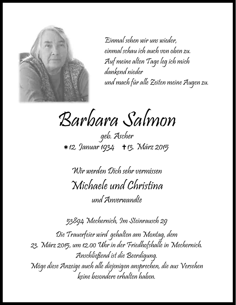  Traueranzeige für Barbara Salmon vom 19.03.2015 aus Kölner Stadt-Anzeiger / Kölnische Rundschau / Express