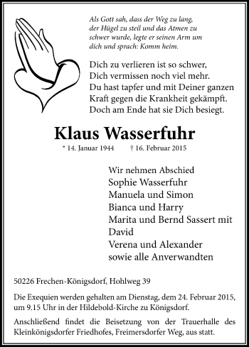 Anzeige von Klaus Wasserfuhr von Kölner Stadt-Anzeiger / Kölnische Rundschau / Express