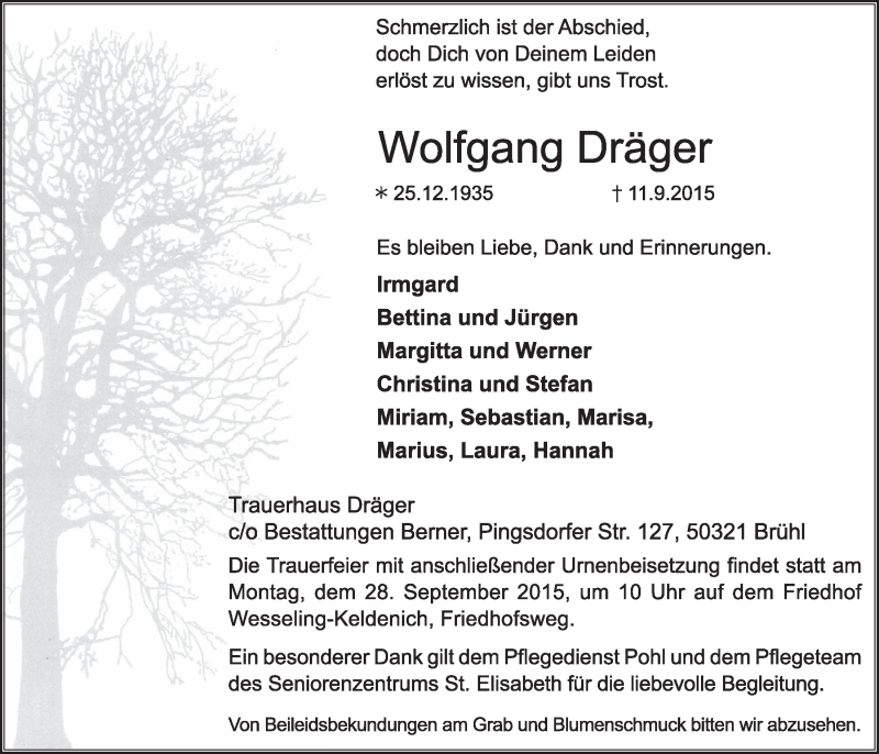  Traueranzeige für Wolfgang Dräger vom 23.09.2015 aus  Schlossbote/Werbekurier 