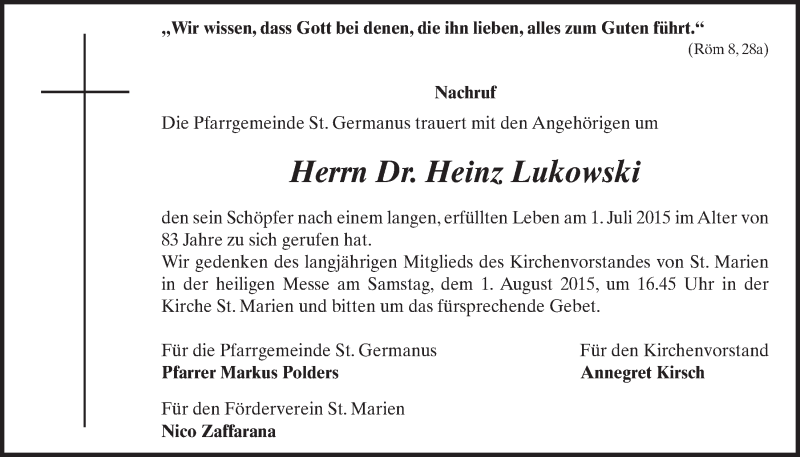  Traueranzeige für Heinz Lukowski vom 22.07.2015 aus  Schlossbote/Werbekurier 