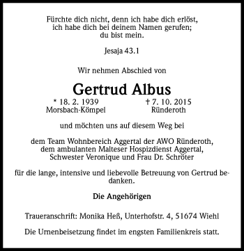 Anzeige von Gertrud Albus von Kölner Stadt-Anzeiger / Kölnische Rundschau / Express