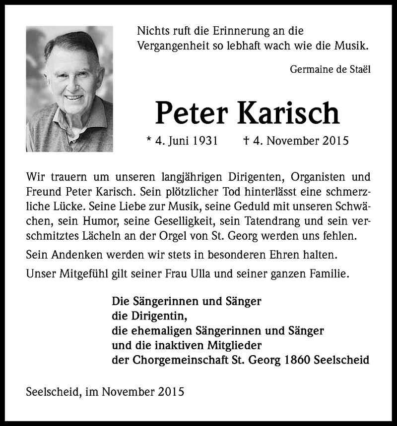  Traueranzeige für Peter Karisch vom 17.11.2015 aus Kölner Stadt-Anzeiger / Kölnische Rundschau / Express
