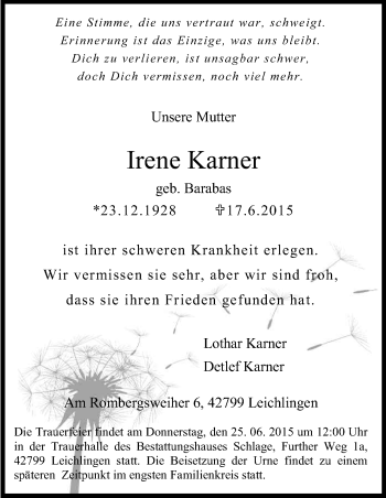 Anzeige von Irene Karner von Kölner Stadt-Anzeiger / Kölnische Rundschau / Express