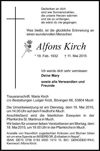 Anzeige von Alfons Kirch von Kölner Stadt-Anzeiger / Kölnische Rundschau / Express