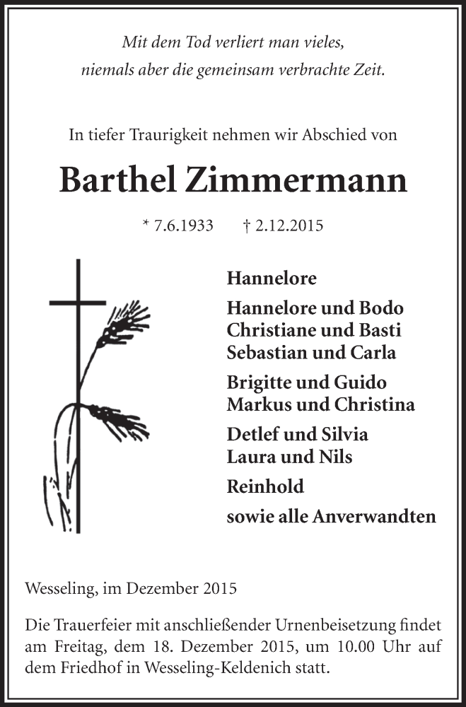  Traueranzeige für Barthel Zimmermann vom 16.12.2015 aus  Schlossbote/Werbekurier 