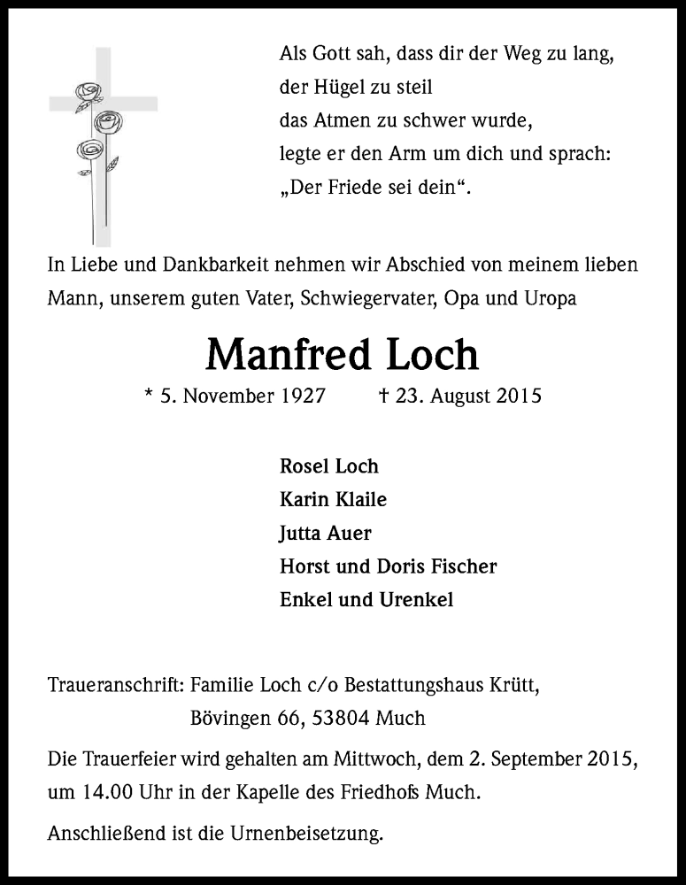  Traueranzeige für Manfred Loch vom 29.08.2015 aus Kölner Stadt-Anzeiger / Kölnische Rundschau / Express