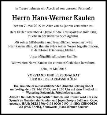 Anzeige von Hans-Werner Kaulen von Kölner Stadt-Anzeiger / Kölnische Rundschau / Express