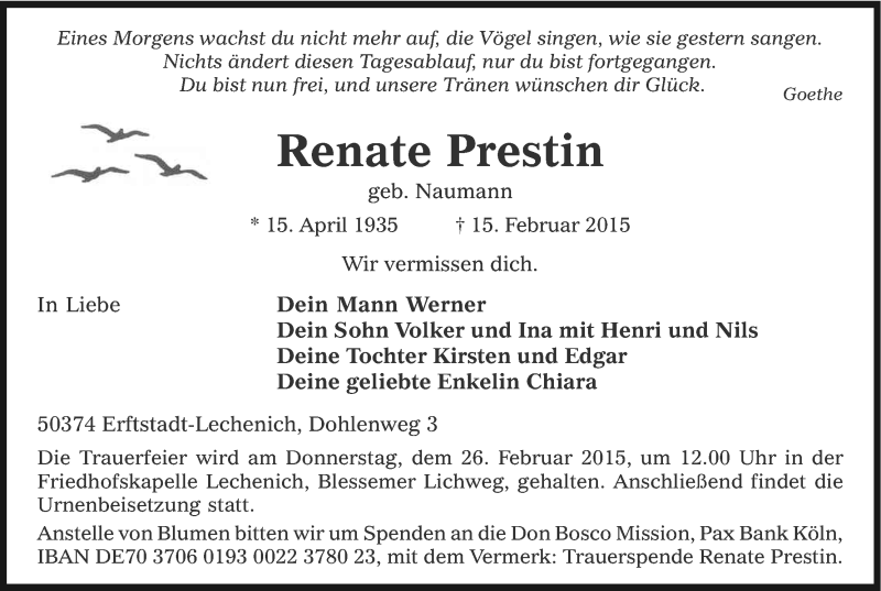  Traueranzeige für Renate Prestin vom 23.02.2015 aus Kölner Stadt-Anzeiger / Kölnische Rundschau / Express