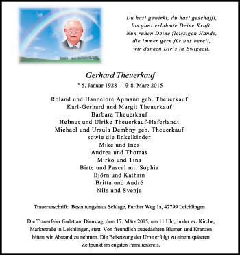 Anzeige von Gerhard Theuerkauf von Kölner Stadt-Anzeiger / Kölnische Rundschau / Express