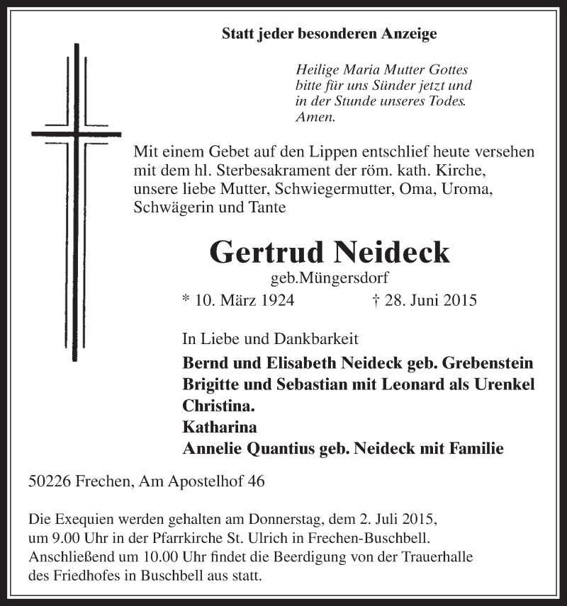  Traueranzeige für Gertrud Neideck vom 01.07.2015 aus  Wochenende 