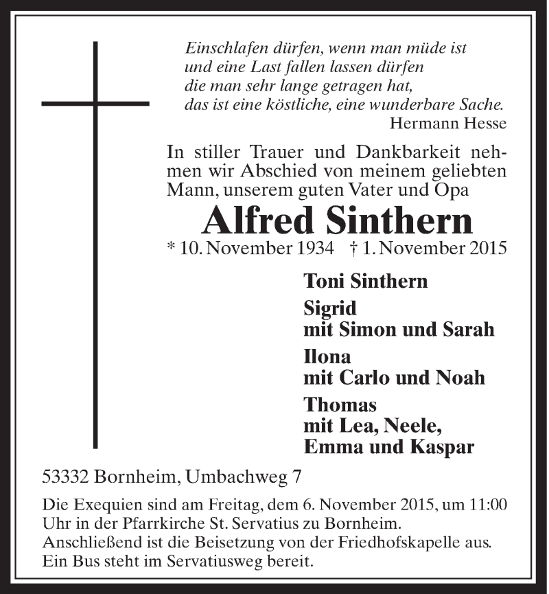  Traueranzeige für Alfred Sinthern vom 04.11.2015 aus  Schaufenster/Blickpunkt 