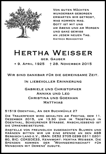 Anzeige von Hertha Weißer von Kölner Stadt-Anzeiger / Kölnische Rundschau / Express