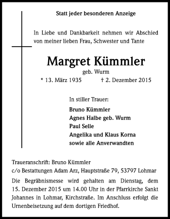 Anzeige von Margret Kümmler von Kölner Stadt-Anzeiger / Kölnische Rundschau / Express