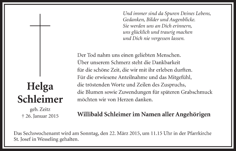  Traueranzeige für Helga Schleimer vom 11.03.2015 aus  Schlossbote/Werbekurier 