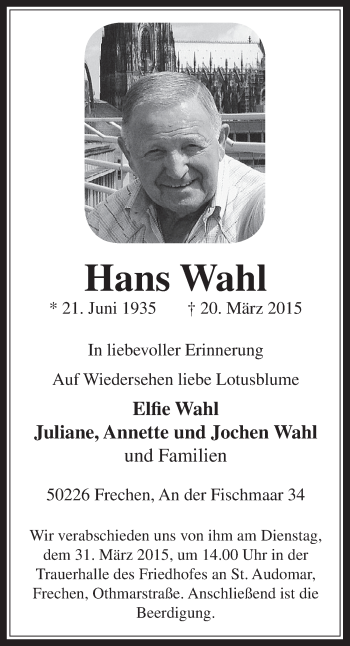 Anzeige von Hans Wahl von  Wochenende 