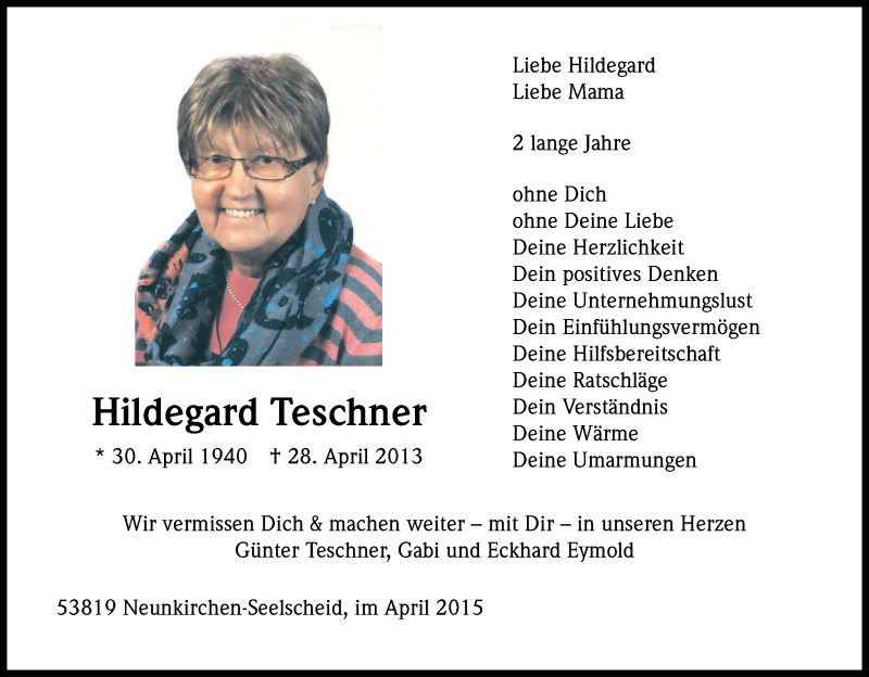  Traueranzeige für Hildegard Teschner vom 25.04.2015 aus Kölner Stadt-Anzeiger / Kölnische Rundschau / Express