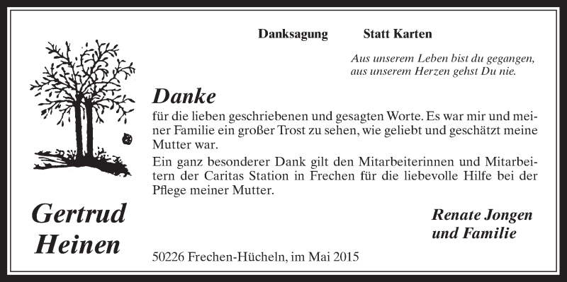  Traueranzeige für Gertrud Heinen vom 06.05.2015 aus  Wochenende 