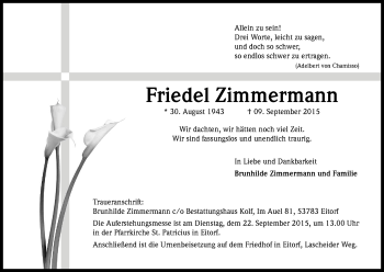 Anzeige von Friedel Zimmermann von Kölner Stadt-Anzeiger / Kölnische Rundschau / Express