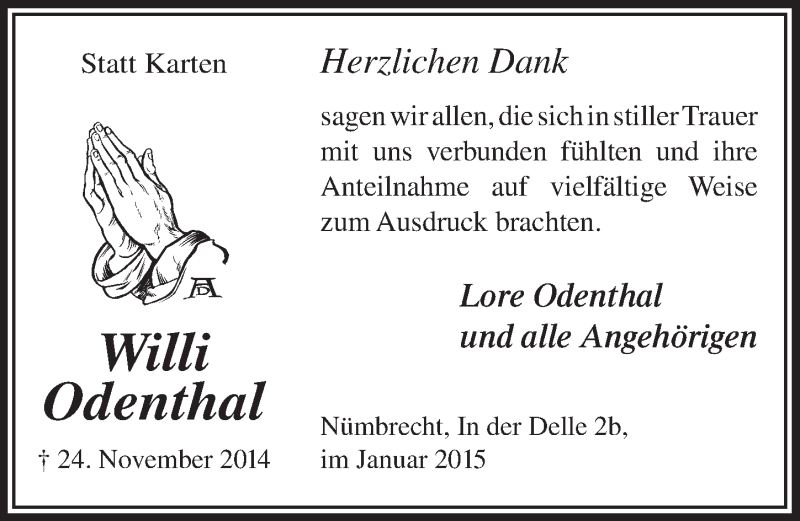  Traueranzeige für Willi Odenthal vom 28.01.2015 aus  Lokalanzeiger 