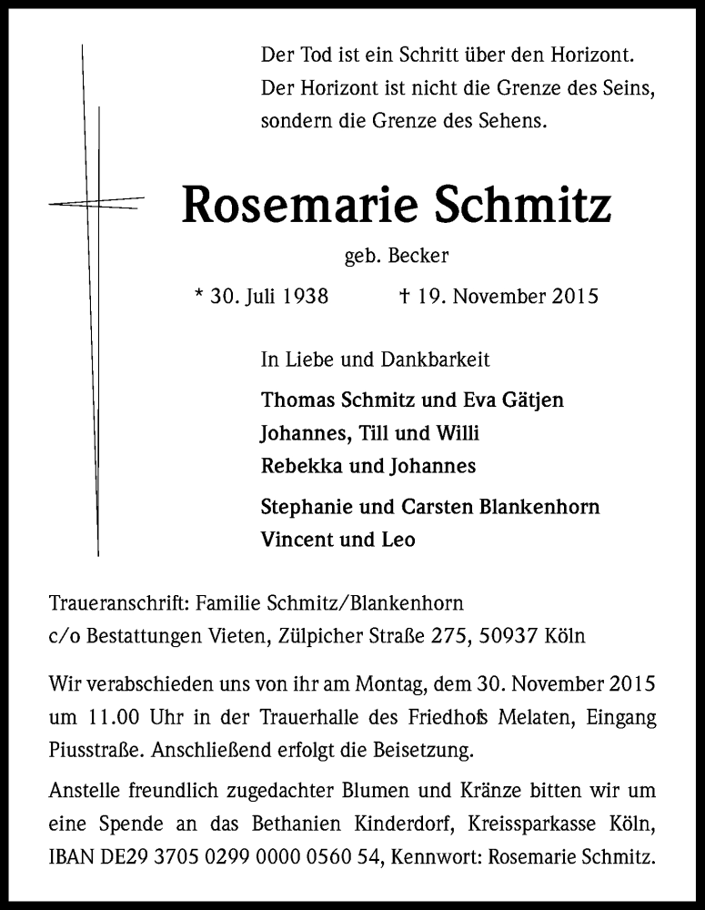  Traueranzeige für Rosemarie Schmitz vom 25.11.2015 aus Kölner Stadt-Anzeiger / Kölnische Rundschau / Express