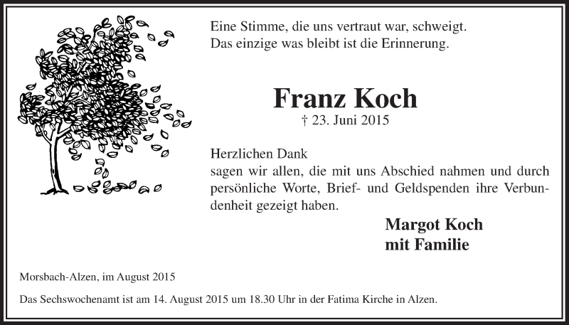  Traueranzeige für Franz Koch vom 12.08.2015 aus  Lokalanzeiger 