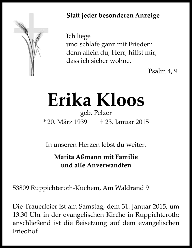  Traueranzeige für Erika Kloos vom 27.01.2015 aus Kölner Stadt-Anzeiger / Kölnische Rundschau / Express