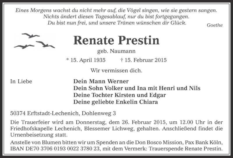  Traueranzeige für Renate Prestin vom 25.02.2015 aus  Werbepost 