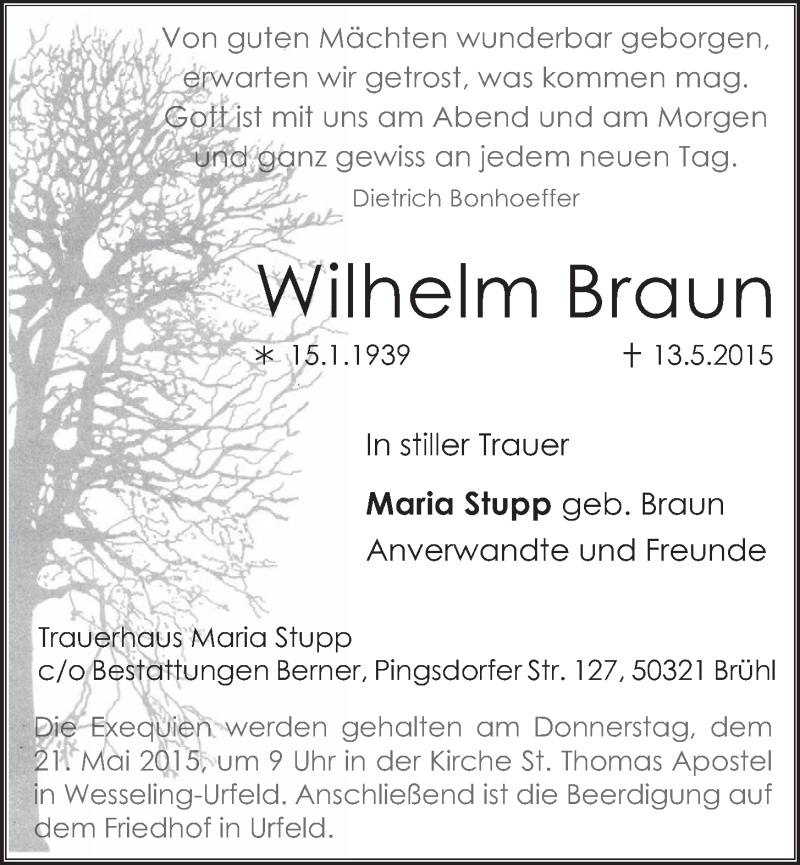  Traueranzeige für Wilhelm Braun vom 20.05.2015 aus  Schlossbote/Werbekurier 