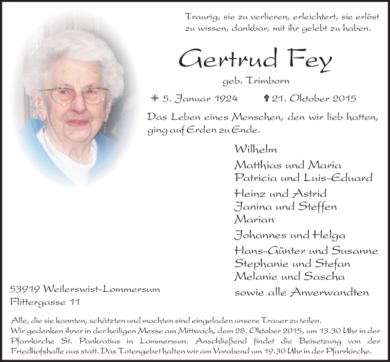  Traueranzeige für Gertrud Fey vom 25.10.2015 aus  Blickpunkt Euskirchen 