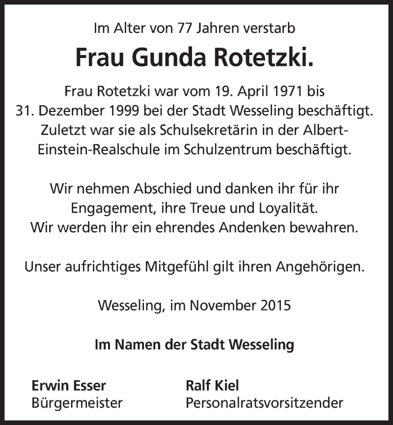  Traueranzeige für Gunda Rotetzki vom 18.11.2015 aus  Schlossbote/Werbekurier 