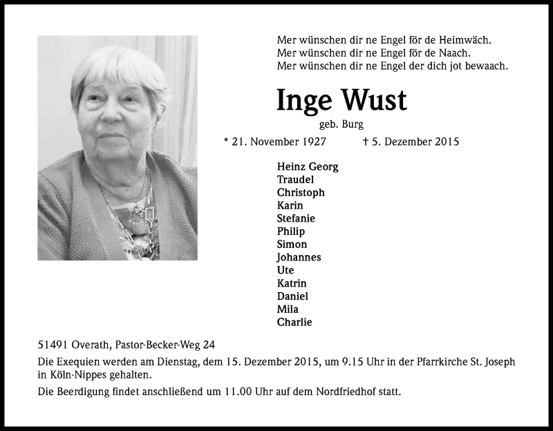  Traueranzeige für Inge Wust vom 10.12.2015 aus Kölner Stadt-Anzeiger / Kölnische Rundschau / Express