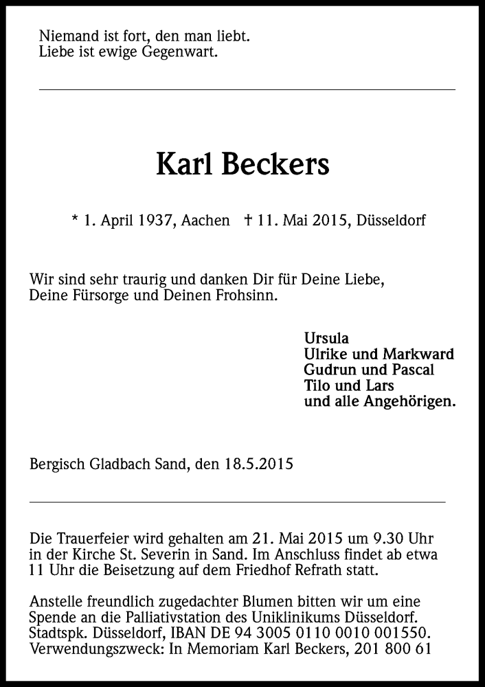  Traueranzeige für Karl Beckers vom 18.05.2015 aus Kölner Stadt-Anzeiger / Kölnische Rundschau / Express