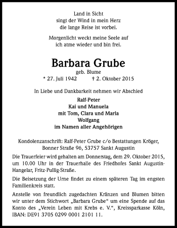 Anzeige von Barbara Grube von Kölner Stadt-Anzeiger / Kölnische Rundschau / Express